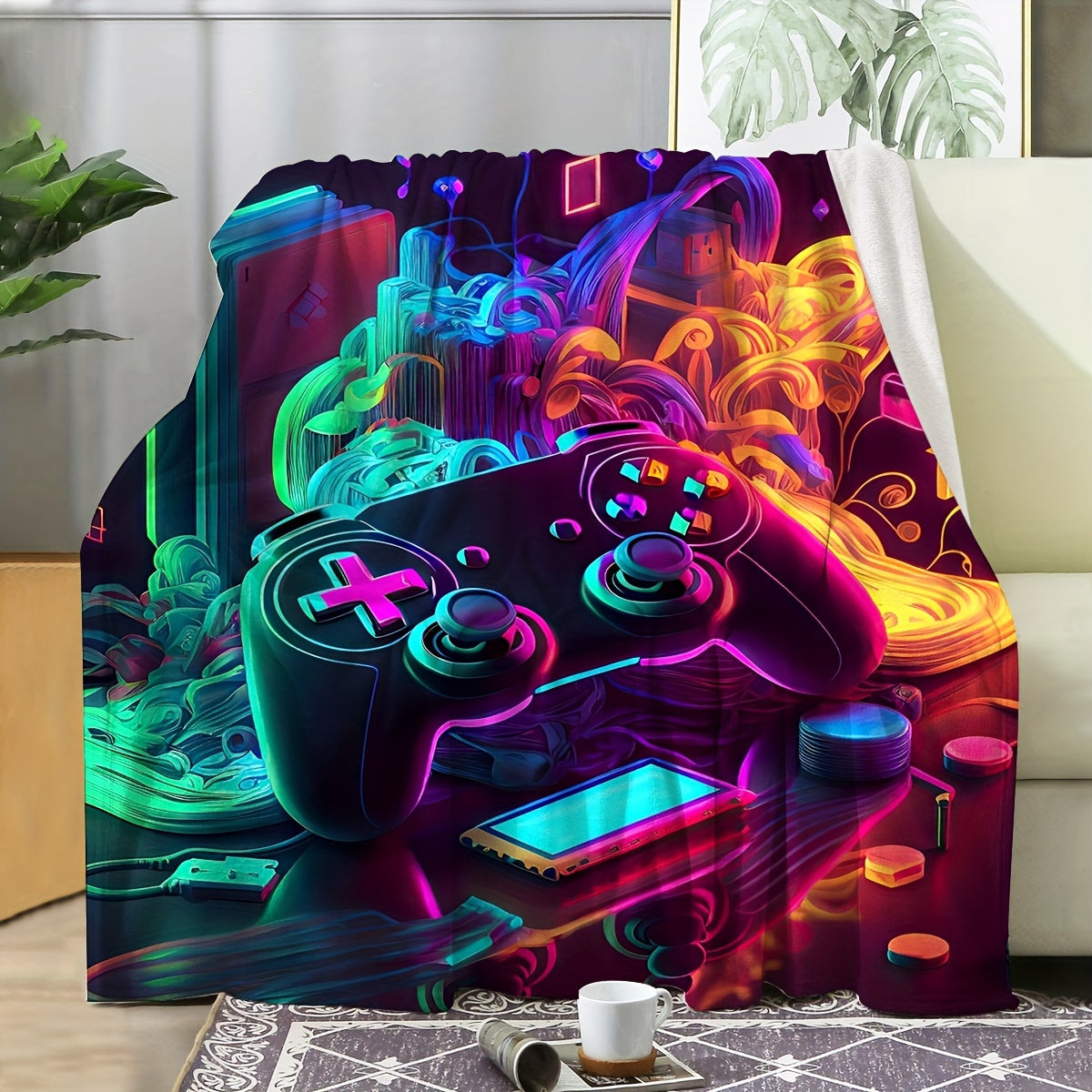 Stay warm and stylish with our 1pc Cool Gamepad Flannel Printed Blanket. This contemporary style blanket is soft and comfortable, perfect for use on travel, sofas, beds, offices, or as home decor. It also makes a great birthday gift for boys, girls, and