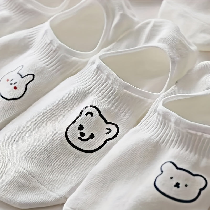 10 pairs of women's white no-show socks with cute animal design, ideal for casual wear.