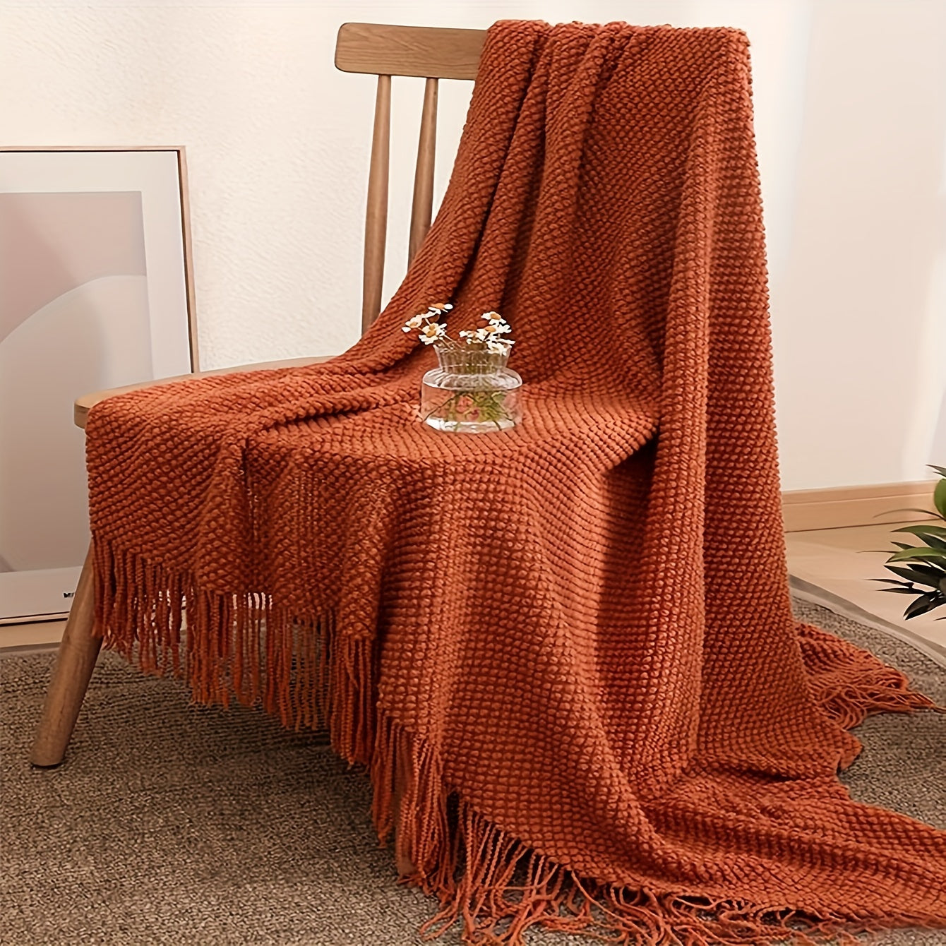 Orange Tassel Knitted Blanket, 1 Piece - Cozy Throw for Couch, Bed, Sofa, Office, or Camping