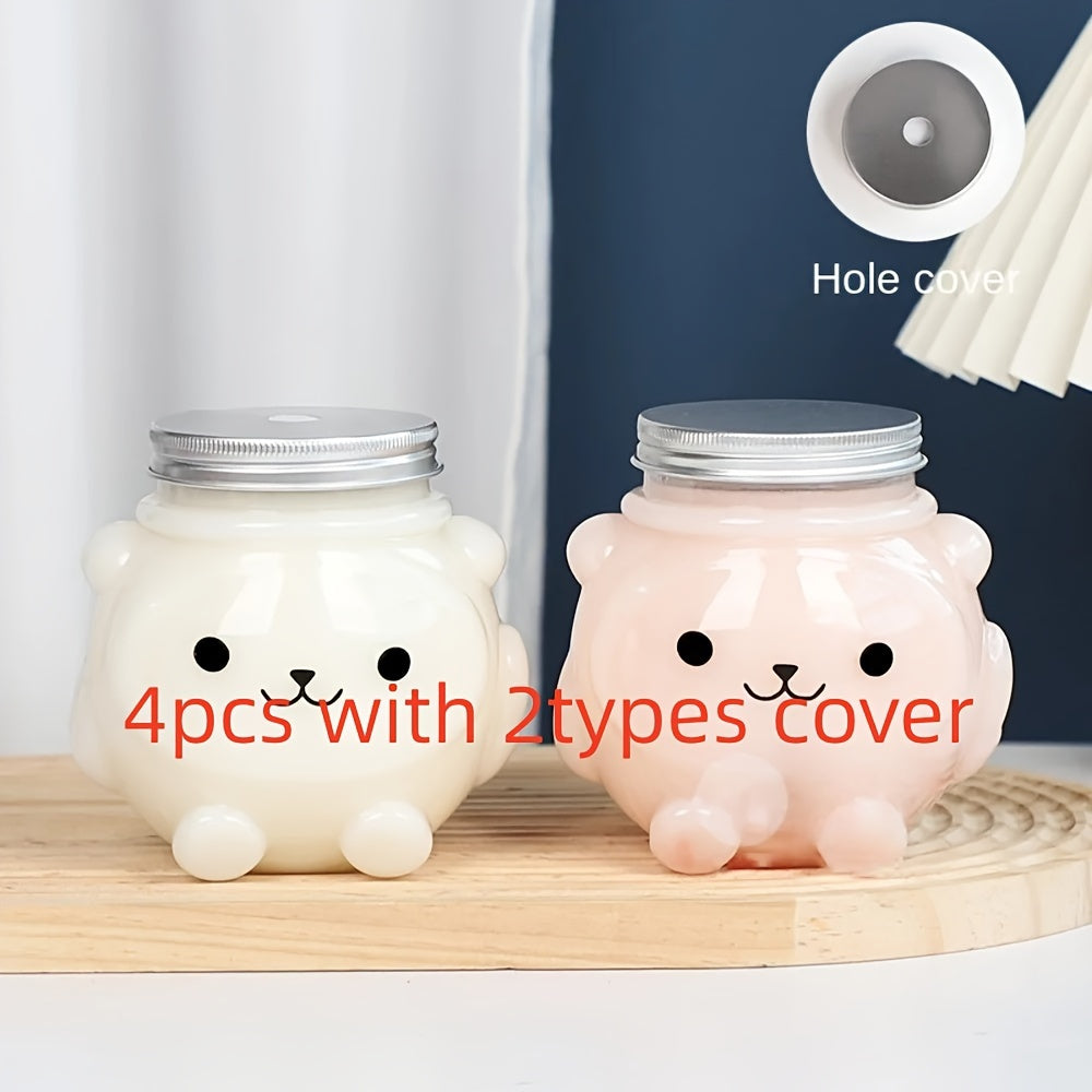 1 piece or 4 pieces of 500ml Milk Tea Juice Bottles Beverage PET Water Bottle featuring Bear and Tiger designs. These disposable takeaway coffee bottles come with lids.