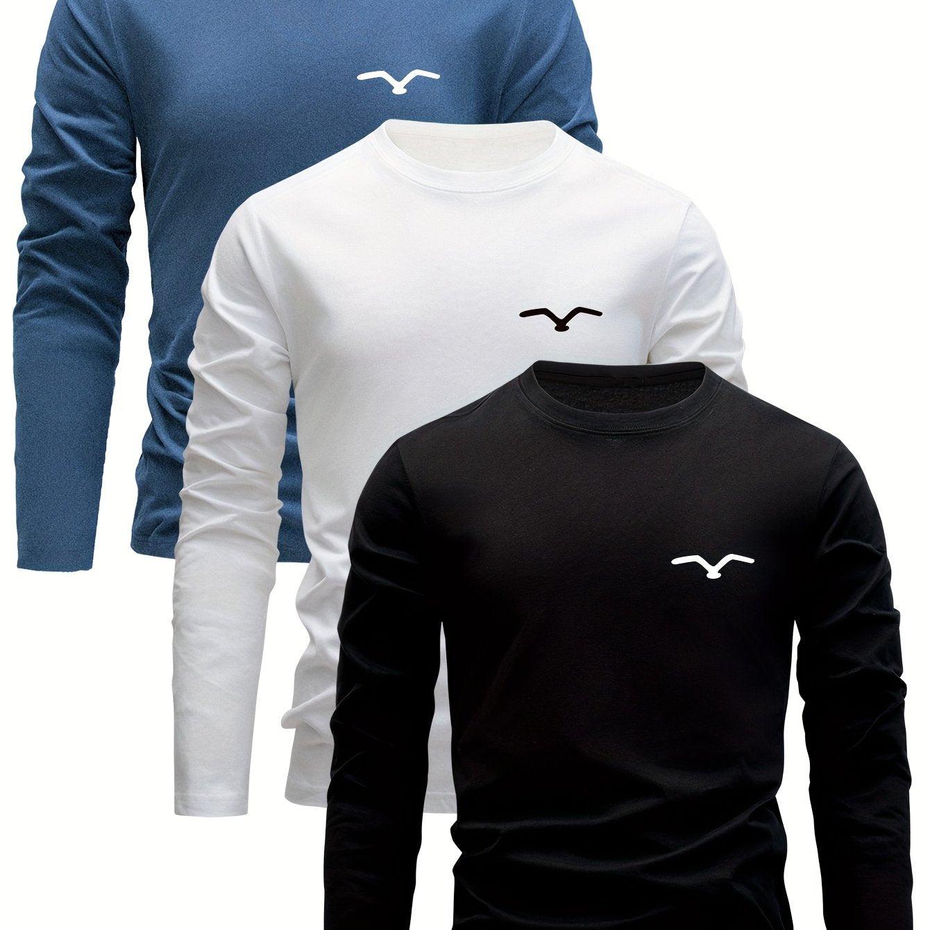 3-Pack Men's Casual Long Sleeve T-Shirts with Geometric Bird Embroidery, Round Neck, Stretch Fabric, Knit Craftsmanship - Ideal for Outdoor Activities, Autumn/Winter