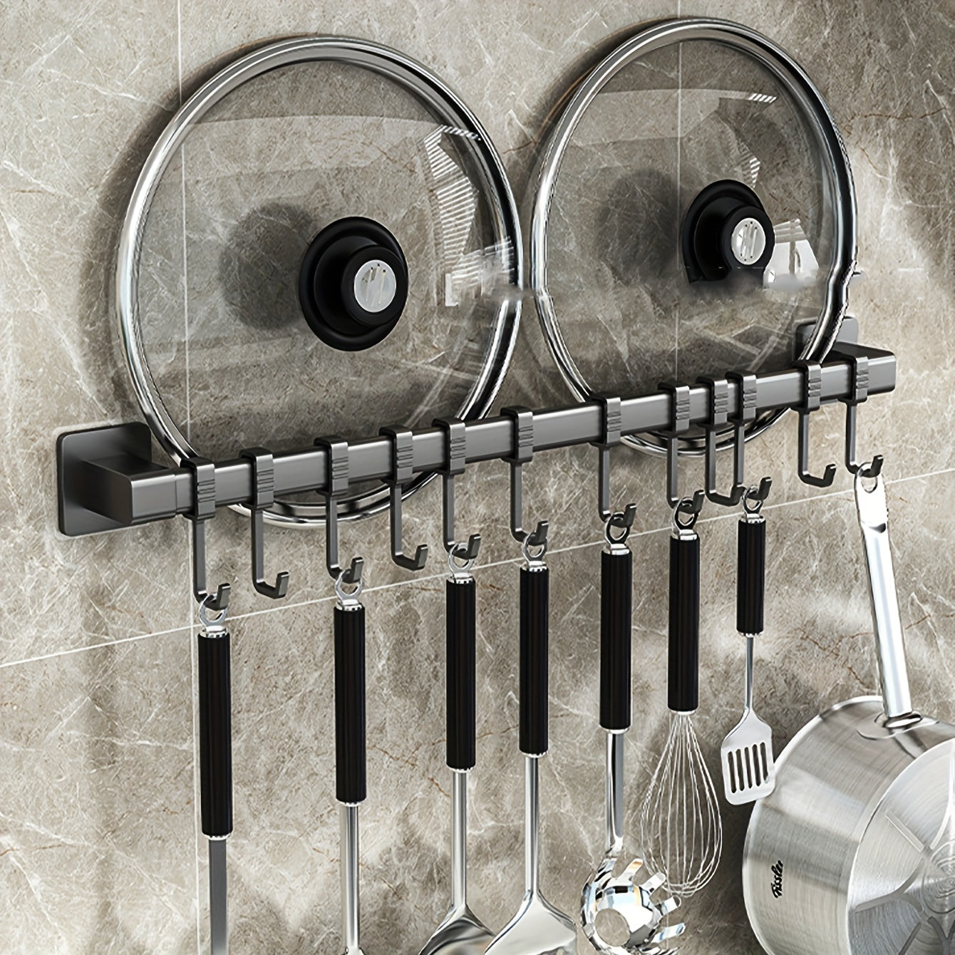 Contemporary Wall-Mounted Kitchen Utensil Holder- Easy to Install Hanging Storage Rack with Movable Hooks for Cooking Tools and Towels, Unfinished Plastic Organizer Shelf