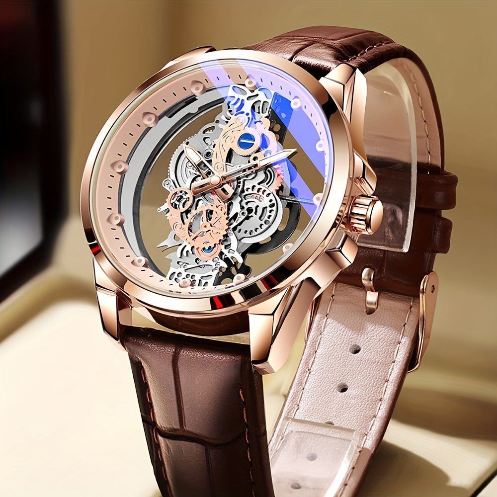 Luxury men's rose gold skeleton quartz watch with luminous hands, zinc alloy case, faux leather and stainless steel band - ideal Father's Day gift.