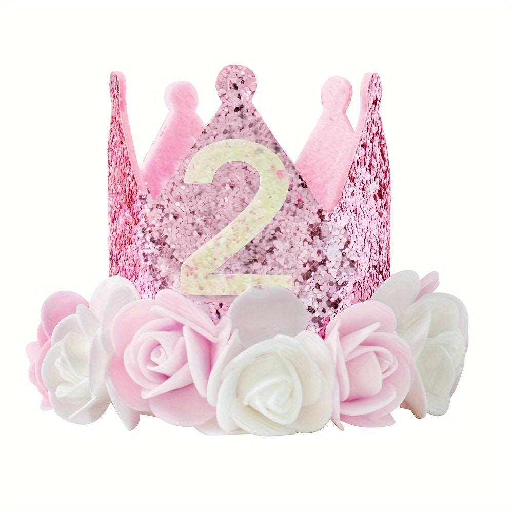 Pink and white flowered birthday crown hats for ages 1-5 with pink sequins.