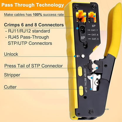 Yellow Ratcheting Modular Data Cable Crimper with Wire Stripper, Cutter, and Non-slip Grip for RJ11/RJ12 & RJ45 Connectors.