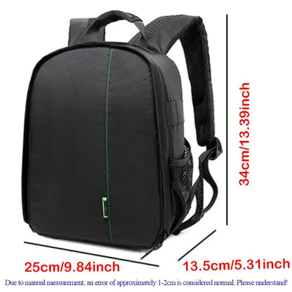 Waterproof camera backpack with customizable dividers and padded shoulder straps for Canon, Nikon, Sony cameras. Made from polyamide material.