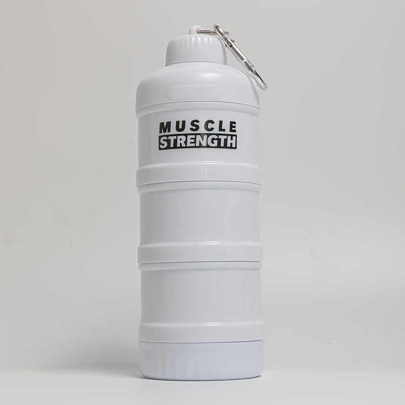 Portable protein powder container with a multi-tier plastic bottle for gym and outdoor sports, with a keychain. Size 7cm X 11cm/20cm/15.5cm.