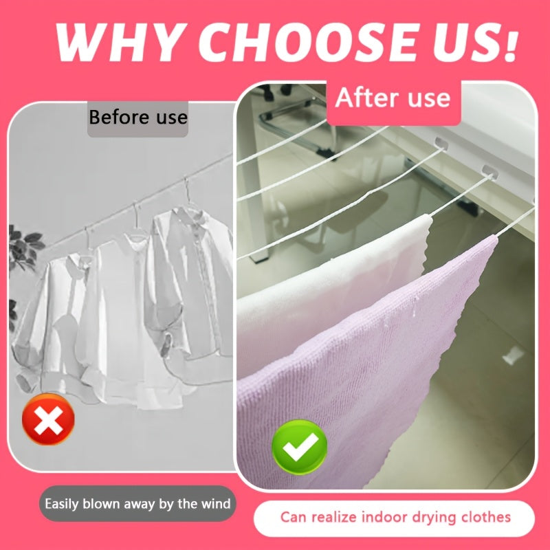 Save space with this Retractable Clothes Drying Rack, featuring 4/5 lines for hanging clothes. Made of durable plastic, this wall-mounted rack includes a towel bar and hooks for added convenience. Easy to use and portable, this Laundry Hanging Rod is