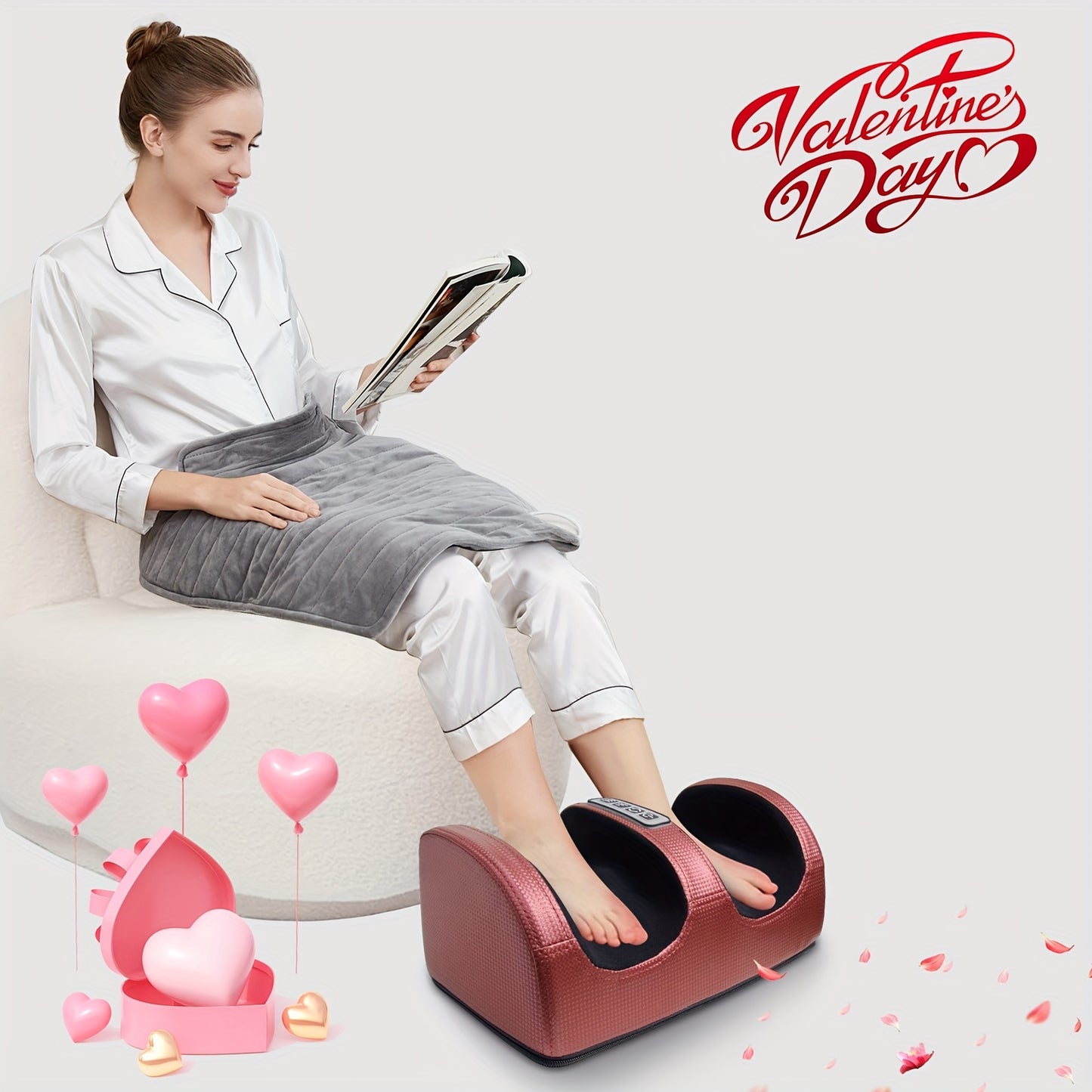 Red foot massager with heating function and multiple massage modes, family-friendly design for feet, 220V plug-powered with thermoplastic elastomer material.