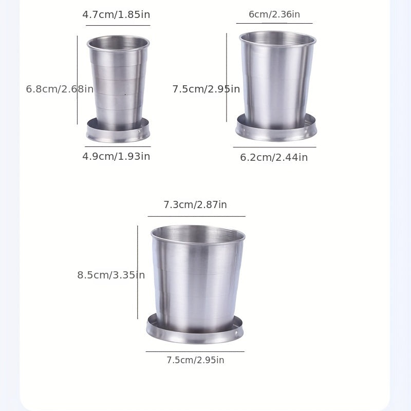 Telescopic stainless steel shot glass; portable foldable cup for water, coffee, or drinks; ideal for travel and home use in various sizes.