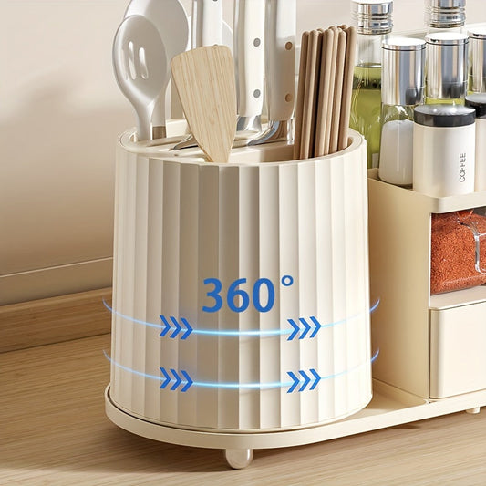 One Multi-functional Combination Knife Rack for Household Storage, featuring a Rotating Design for Organizing Knives, Spoons, Forks, and Seasoning in the Kitchen.