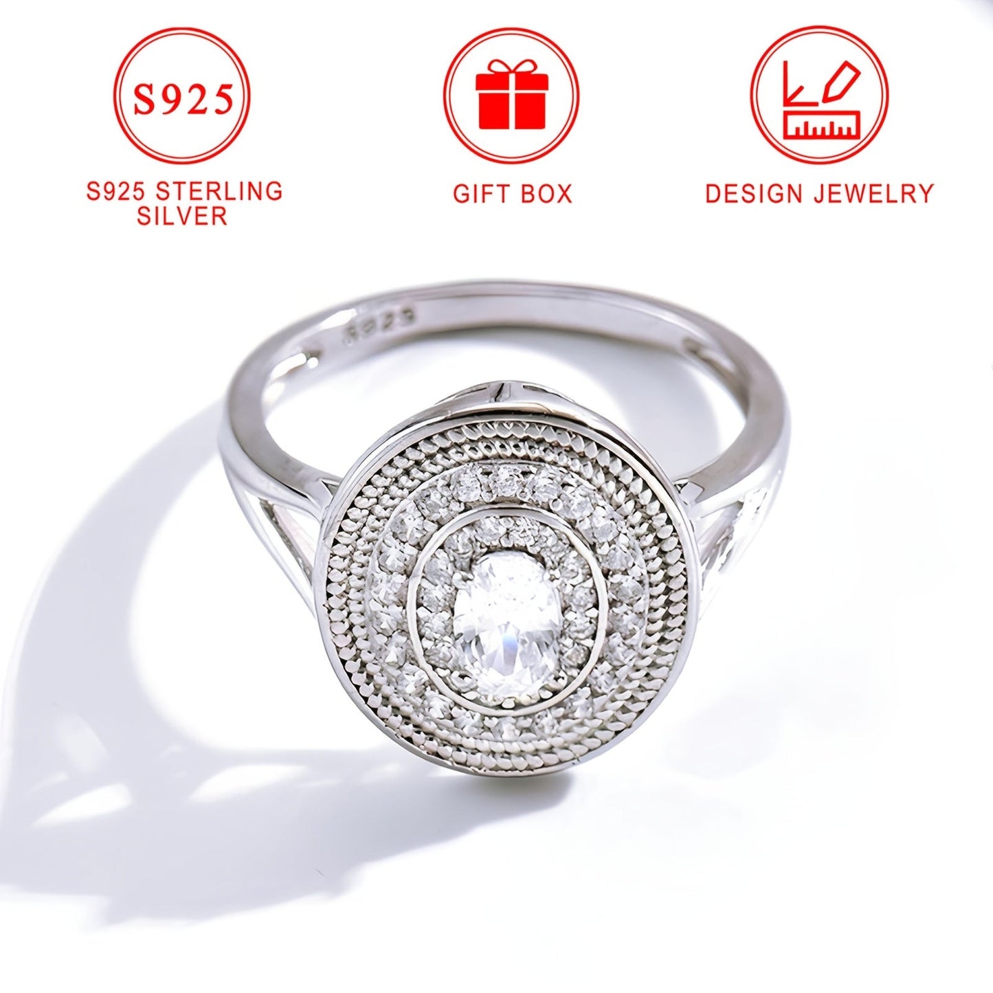 Beautiful Oval Sterling Silver Ring, 3.5g S925 Silver, Hypoallergenic and Nickel-Free, Women's Fashion Jewelry with Sparkling Cubic Zirconia, Unique Design and High-Quality Craftsmanship. Comes with Gift Box - Ideal for Everyday Wear and Gifting during