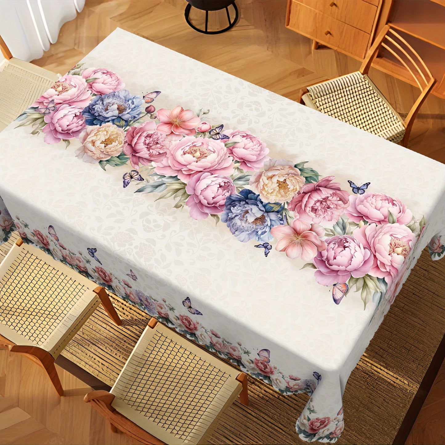 Rectangular polyester tablecloth with spring floral peony and butterfly rose design, machine-woven for indoor/outdoor parties and home decor. Perfect Easter spring decor gift.