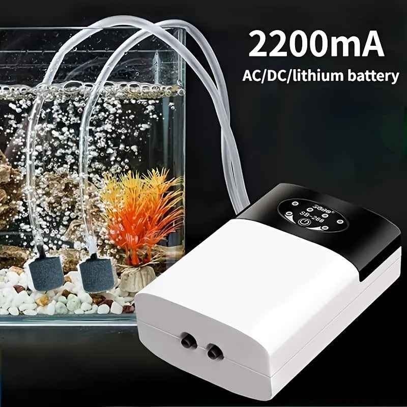 Rechargeable Fish Tank Air Pump with USB and battery power, semi-automatic, uses lithium battery-18650 series, includes 1-2 meter tube with air tube aerolite for aquarium.