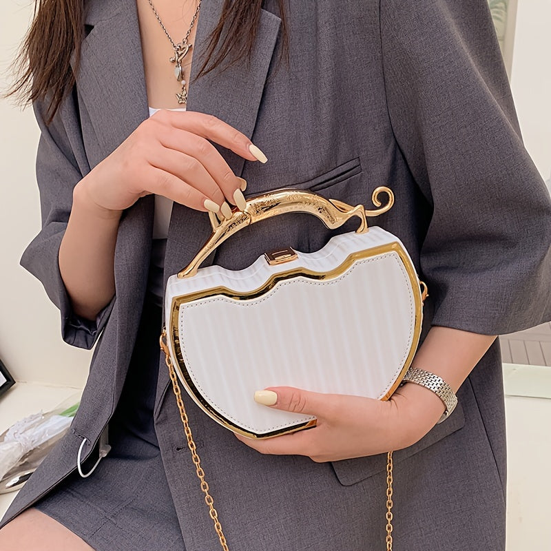 Chic white clip-on bag with gold chain strap, kiss lock closure, detachable shoulder strap, ideal for daily use.