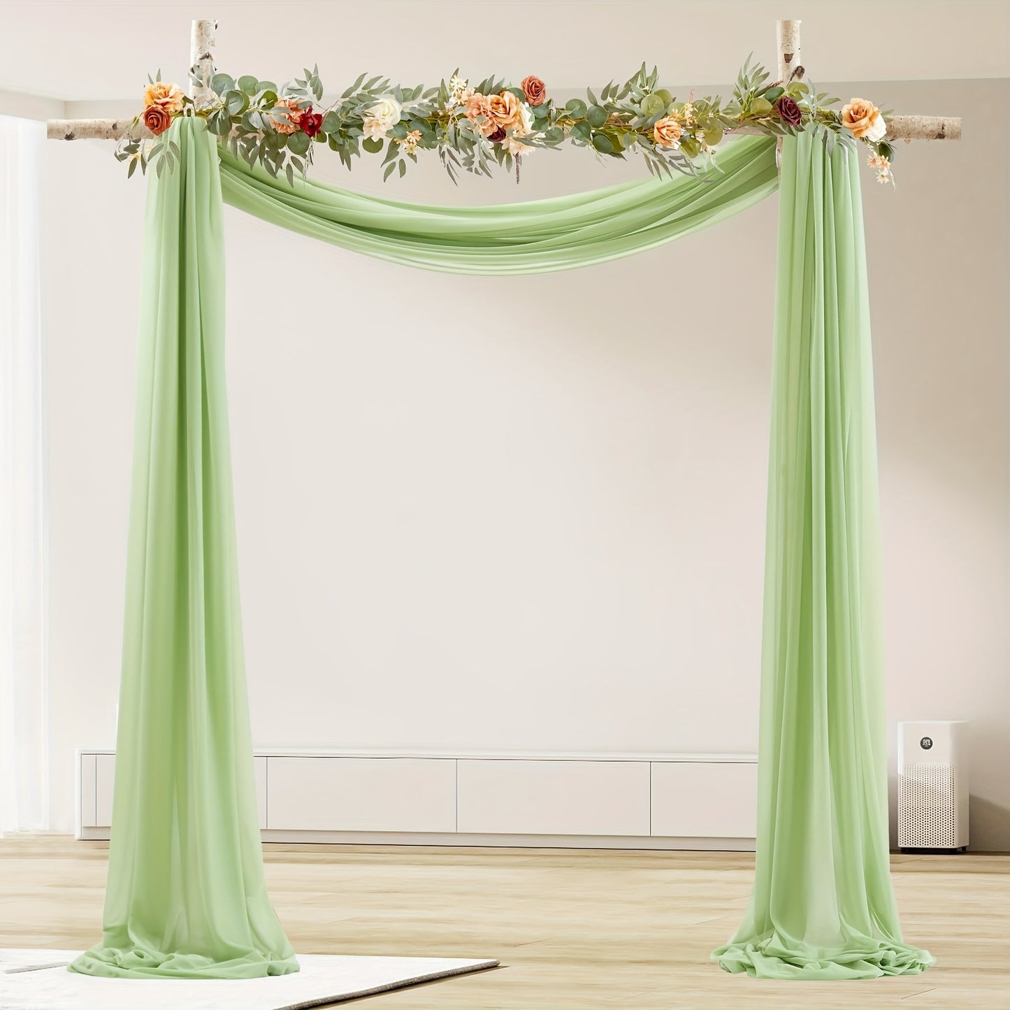 Polyester sheer fabric draping panel for wedding arch, backdrop curtain voile drapery for woodland ceremony, party decor, outdoor reception table runner.