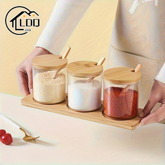 3 plastic spice jars with moisture-proof lids and tray for kitchen sugar and seasonings, rust proof.