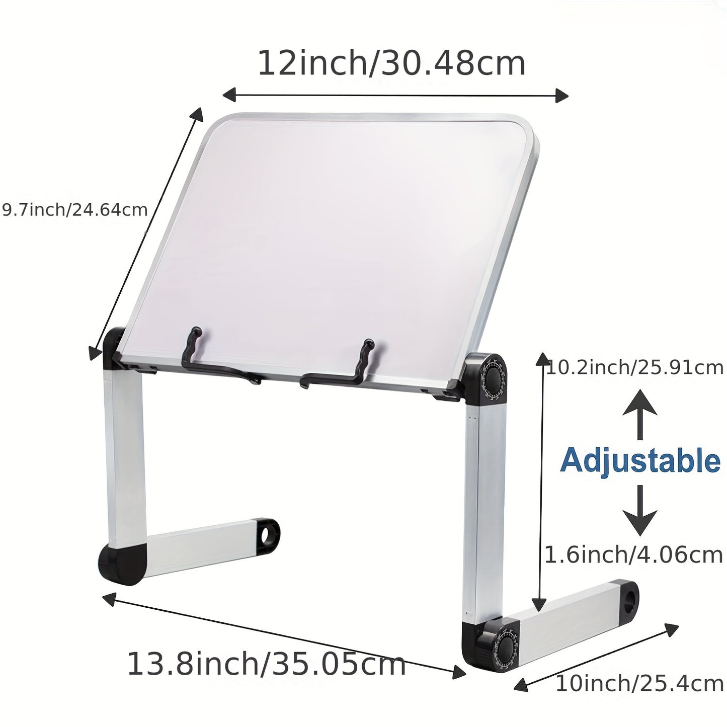 Adjustable and lightweight aluminum book stand with 2 flexible paper clips for tablets, magazines, and documents.