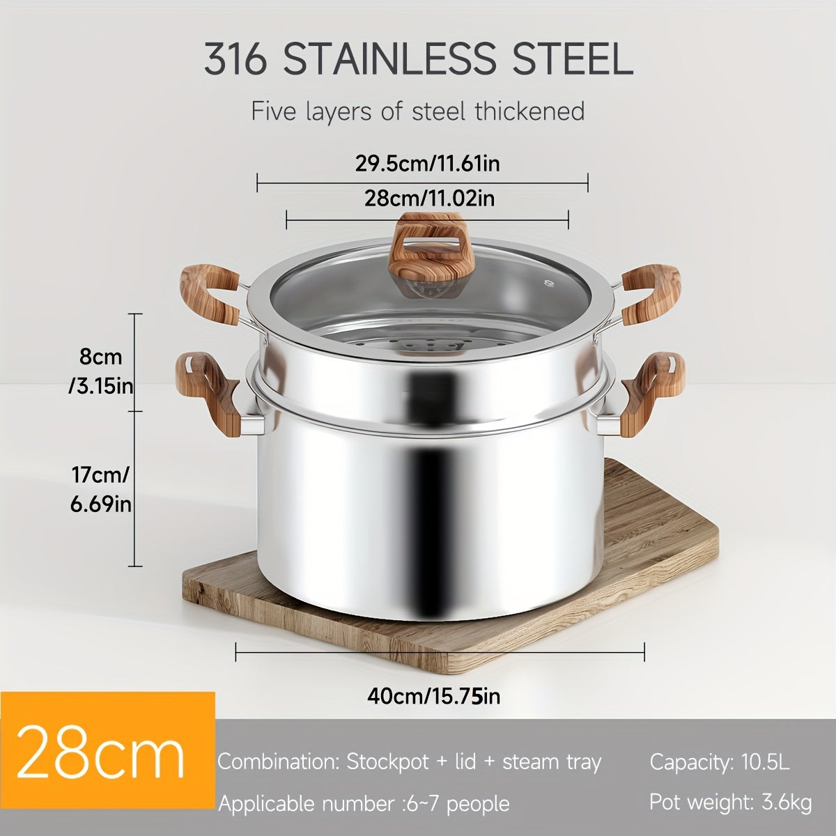 Five-layer composite steel pot for the kitchen, made of thickened food-grade 316 stainless steel. Non-stick and induction cooktop compatible. Features a deep soup pot and thickened steamer with 304 stainless steel lid. Ideal for cooking noodles