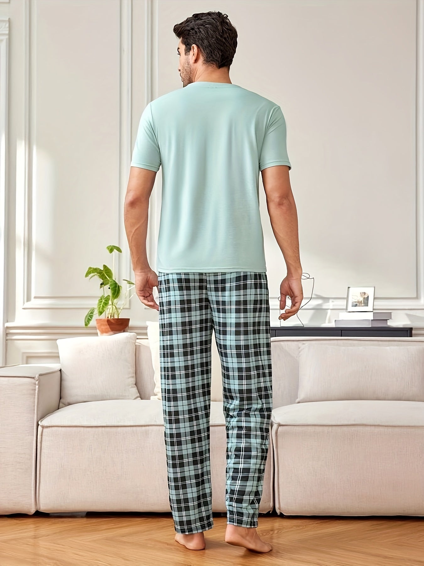 Men's Casual Plaid Pajama Set - Polyester Crew Neck Top and Long Pants, Comfortable Loungewear with Slight Stretch Knit Fabric