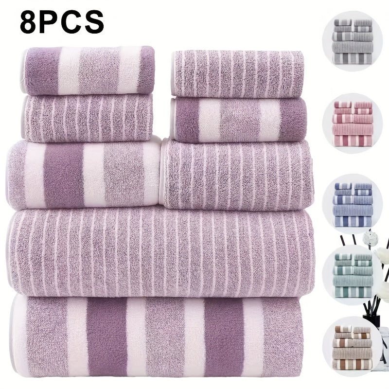 8-piece Striped Bath Towel Set with face, hand, and bath towels for hotel, sports, travel, fitness, and yoga. Soft, absorbent, and quick-dry. Ideal bathroom essentials with decorative towel