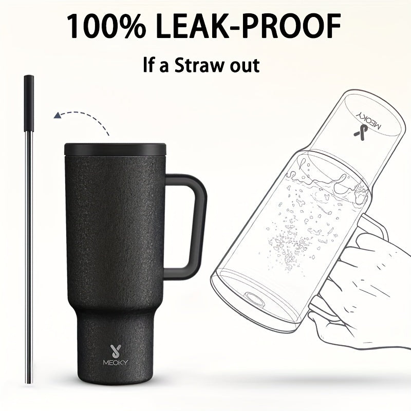 1 leakproof stainless steel travel mug with handle, straw, and insulated lid, suitable for outdoor activities and travel.