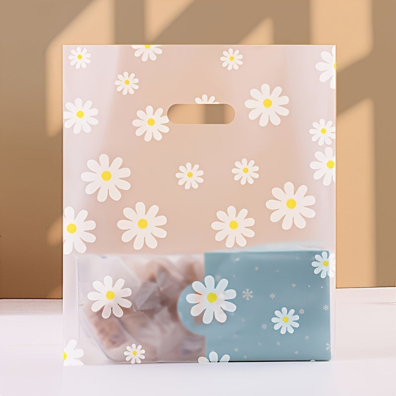 50 Thickened White Daisy Frosted Plastic Bags with Handles for Gifts - Transparent, Reusable Packaging with Easy Carry Handle