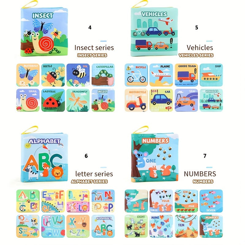 Set of 9 Baby Cloth Books with Early Education Puzzle for Learning Objects, Tear-proof and Washable Palm Book (4 sheets, 8 pages each)