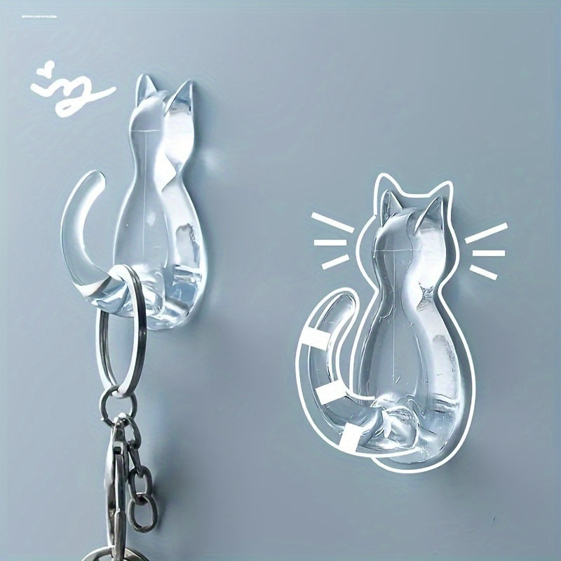 2 Cute Cartoon Cat Adhesive Hooks for Coats, Towels, Shower Curtains - Strong, Transparent, No-Damage - Ideal Bathroom Decor