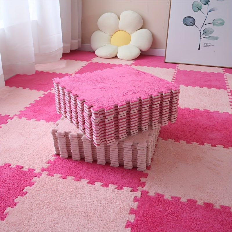 24-piece set of geometric plush area rugs made from washable polyester & EVA, perfect for indoor use in bedrooms and living rooms, pet-friendly and holiday themed.