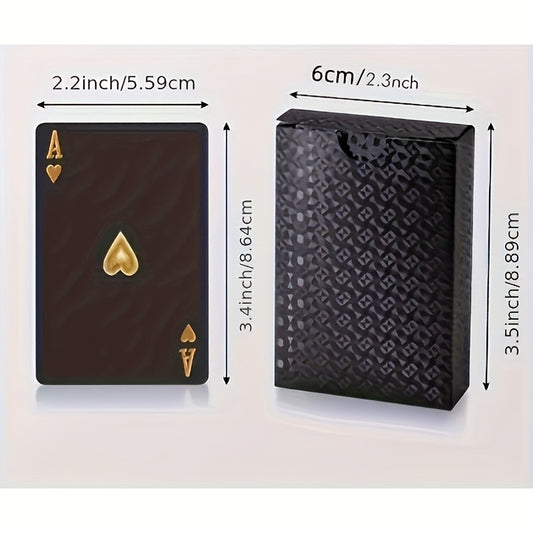 Durable plastic poker deck for tabletop games with waterproof black and golden foil design.