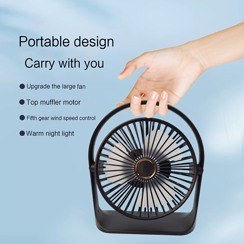 Portable USB rechargeable clip-on bench fan with nightlight, 5-speed settings, 720-degree rotation, quiet operation, washable blades, includes lithium battery, made of plastic material, comes with power cable for use indoors and outdoors.