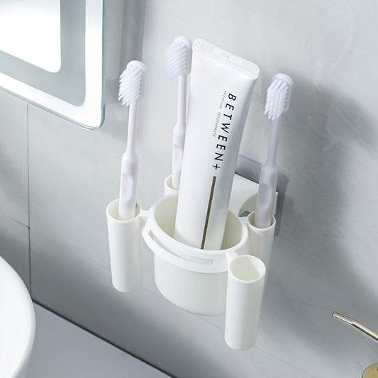 Wall-mounted toothbrush holder for bathroom storage and organization.