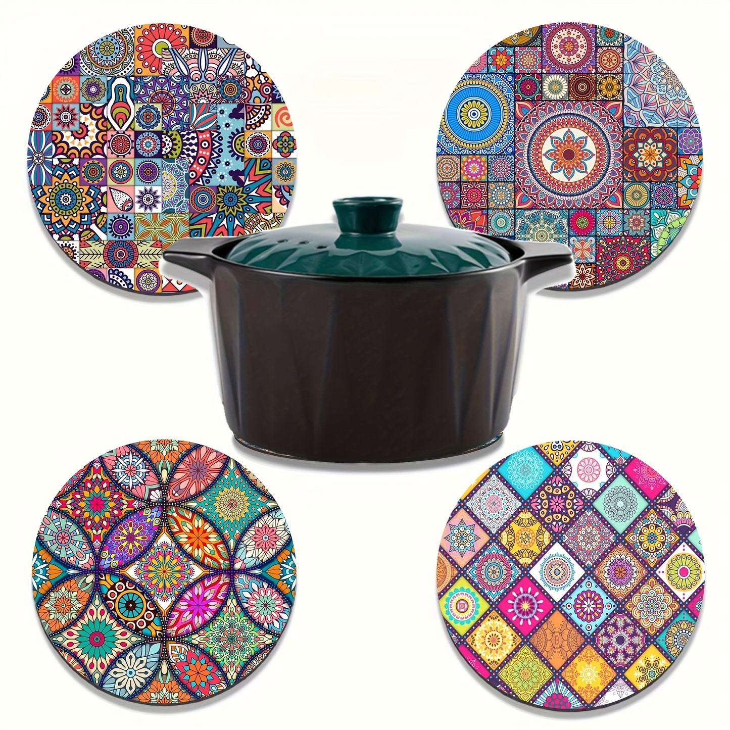 4 Mandala Wooden Placemats: durable, heat-resistant, non-slip, easy to clean - great for home, office, parties, festivals.