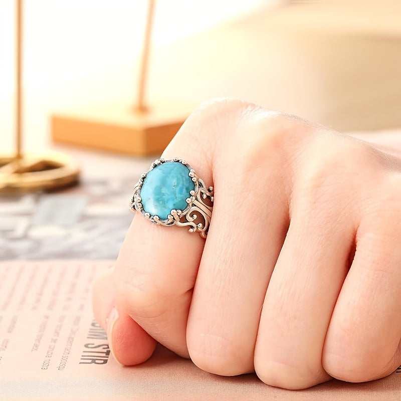 Stunning 925 Sterling Silver Cuff Ring with Turquoise, Intricate Floral Filigree Pattern, Adjustable Fit, Allergy-Free, Lightweight at 3.8g, Perfect for Everyday or Special Occasions, Great Gift for Mother's Day.