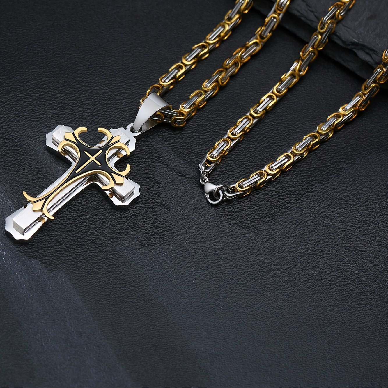 Men's Fashionable Byzantine Necklace with Double-layer Stainless Steel Cross Pendant