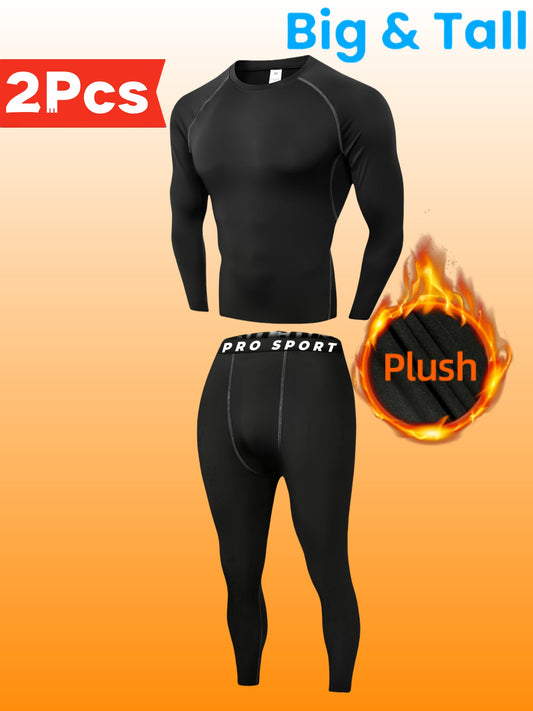 Plus Size Men's Thermal Underwear Set - Quick-Dry Fleece Compression Shirt & Breathable Leggings for Fall/Winter Outdoor Activities