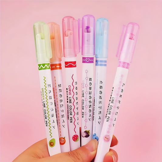 Set of 6 colored curve highlighter pens with 6 different colors and shapes, ideal for note taking.