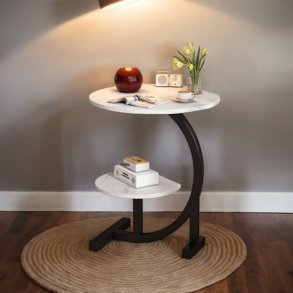 Trendy double-layer coffee table with metal legs and durable wood top, portable for various spaces, multi-functional.