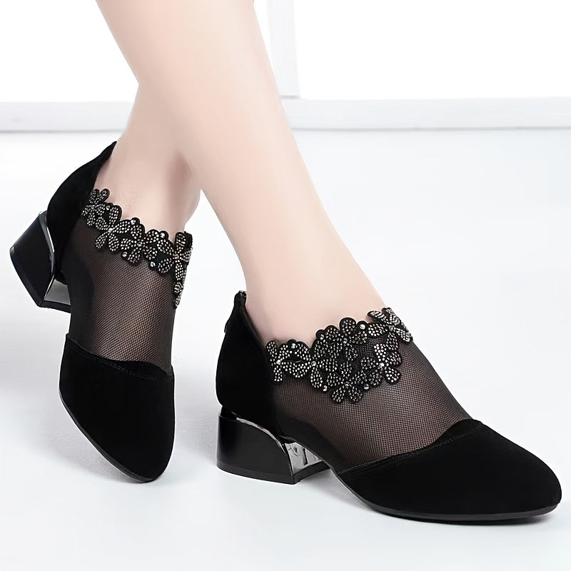 Women's Rhinestone Mesh Block Heel Zipper Dress Shoes