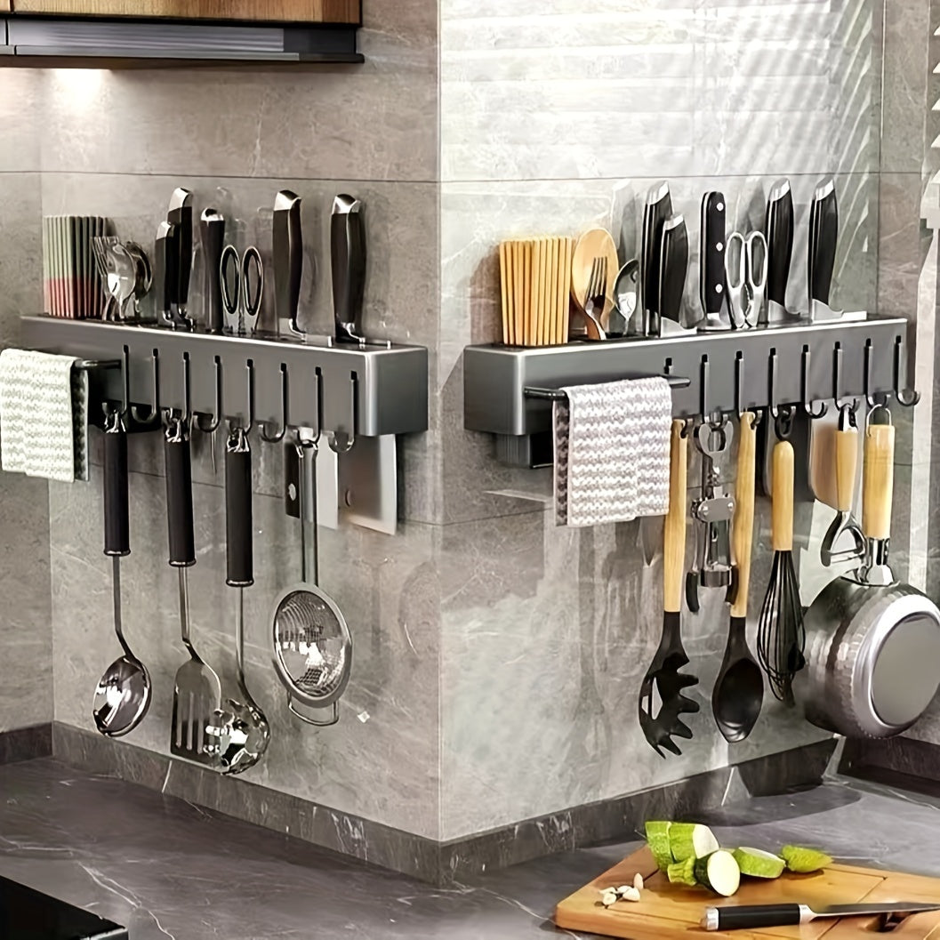 Premium Carbon Steel Kitchen Utensil Holder: Wall-Mounted, No-Drill Rack for Knives, Spoons, Forks, Spatulas - Includes Towel Bar and Drain Basket for a Space-Saving, Hygienic Design.