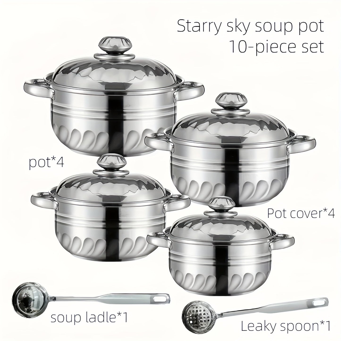 Set of 10 Stainless Steel Cookware Pieces with Lids and Spoons - 4 Pots Included, Featuring Double Handles for Convenient Handling, Ideal for Soups, Hot Pots, Noodles, and Seafood - Suitable for Use on Induction and Gas Stoves