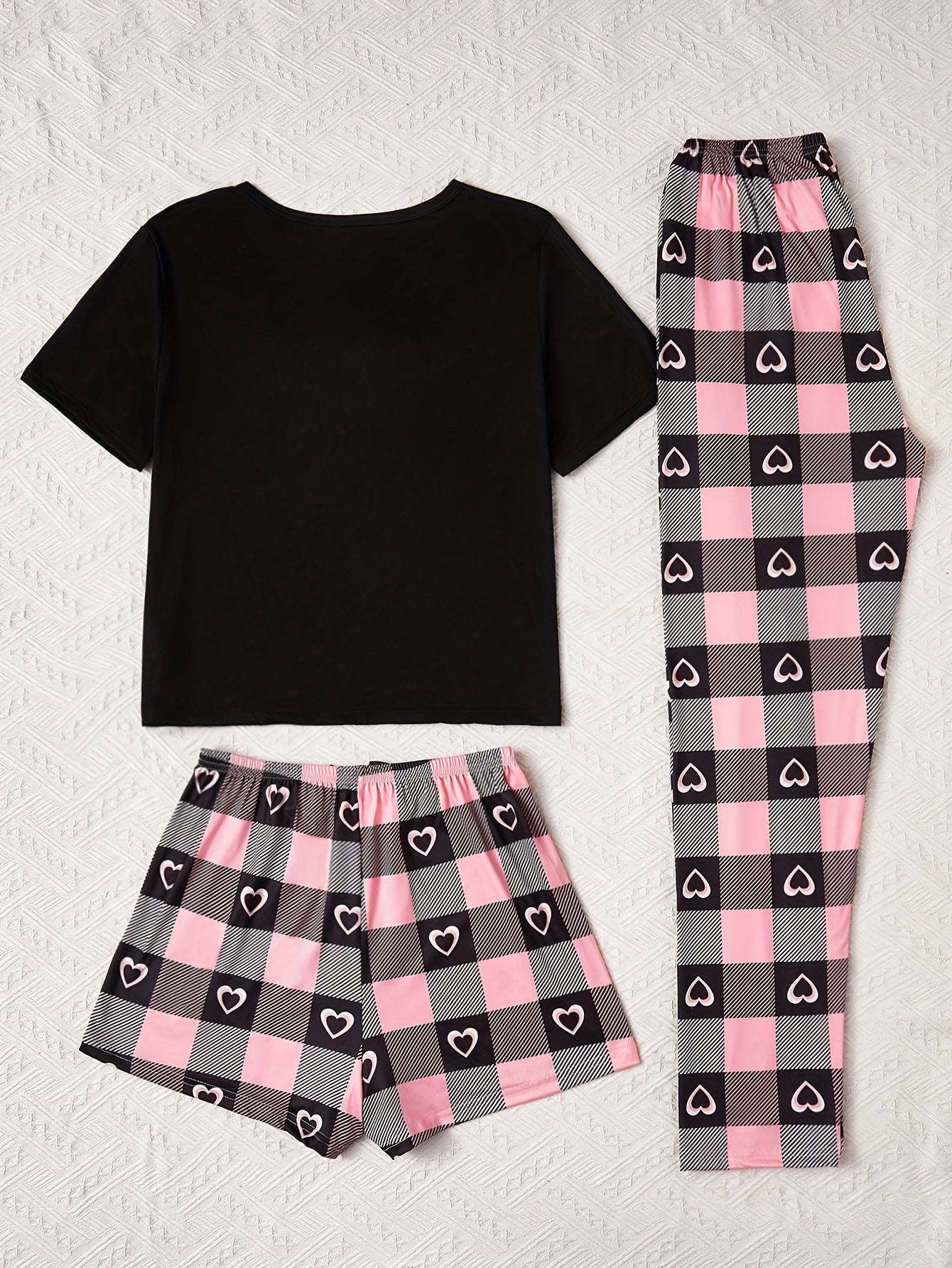 3-piece pajama set with romantic love print top, plaid shorts, and long pants with bow decoration.