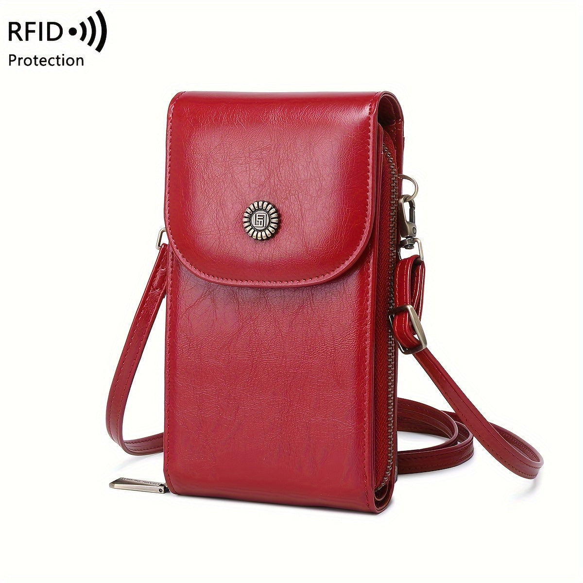 CHARM INFINITE RFID Blocking Crossbody Phone Wallet in Vintage Red with adjustable strap, multi-pocket organizer, waterproof & anti-theft design for everyday use.