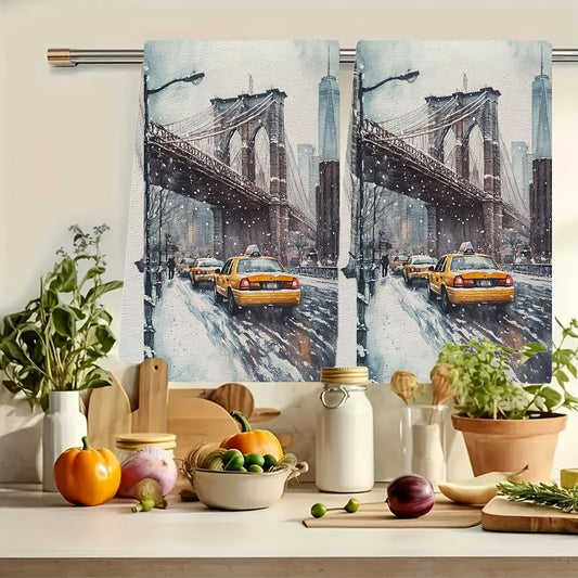 Get two ultra soft kitchen towels featuring a New York Cityscape winter scene. These highly absorbent and machine washable dish hand towels measure 40.64x60.96 cm. Add a contemporary style to your holiday decor with these absorbent dish towels made of