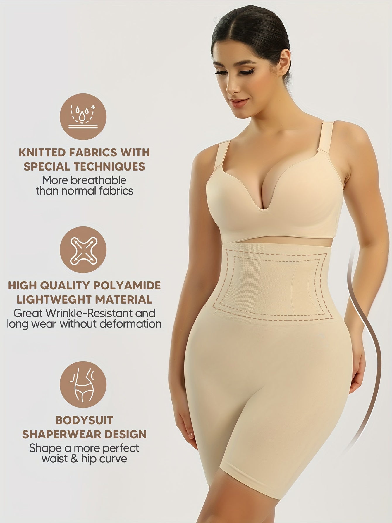 Women's high-waist shaping shorts with tummy control, butt lifting, and back support. Features comfortable elastic waistband, solid color, and is machine washable.