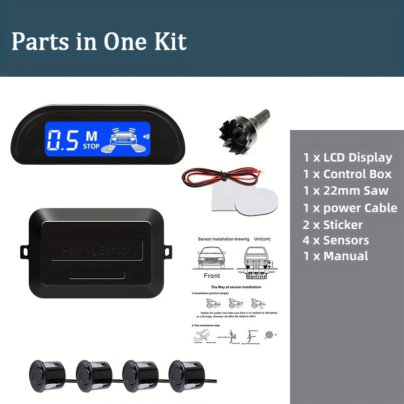 Car Reversing Radar with 4 parking sensors, LED display, sound indicator, 8 colors, and reverse parking assistance.