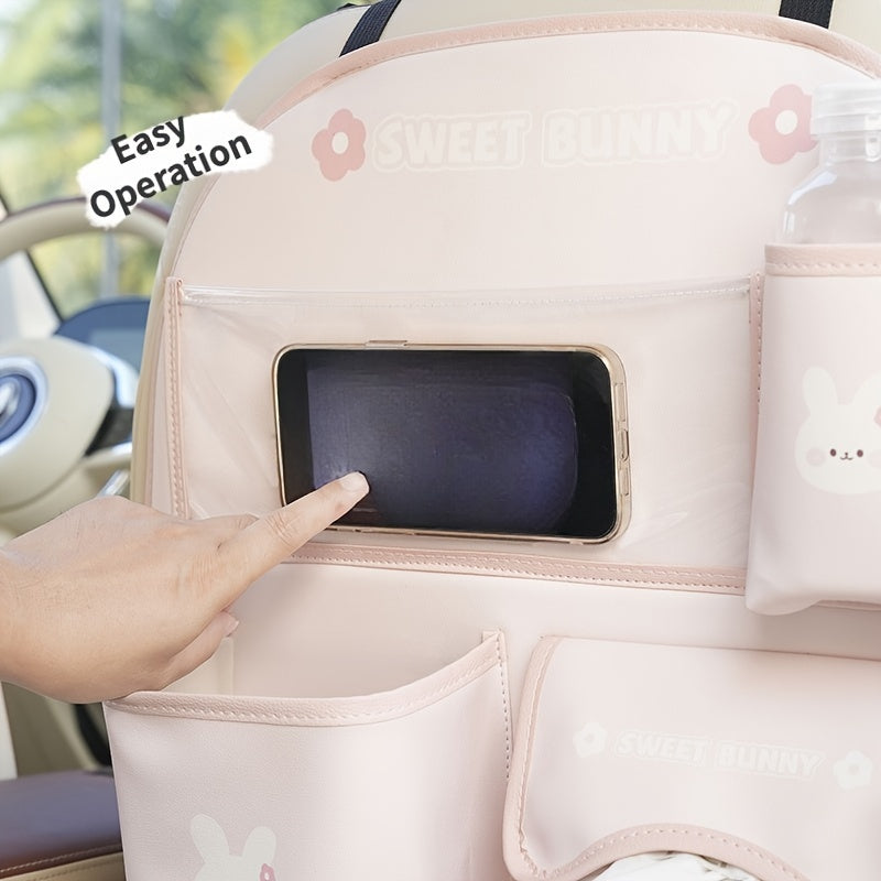 Car Seat Back Storage Bag with Cute Cartoon Design, Multifunctional Protection Pad.