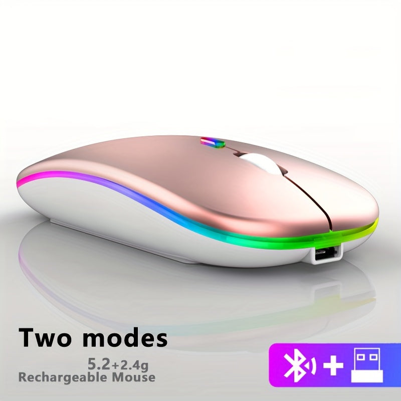 Dual mode 5.1+2.4g wireless gaming mouse with USB recharge capability, silent backlight, and ergonomic design for laptops.