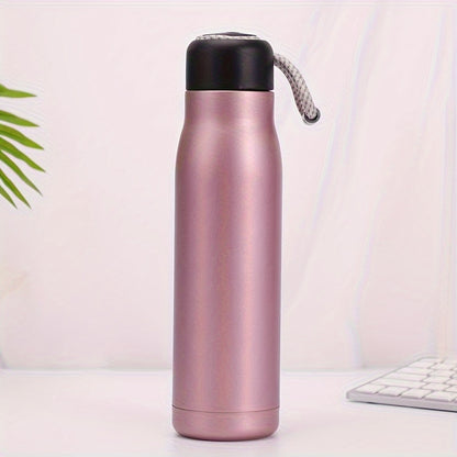 Personalized thermos bottle with laser-engraved text on stainless steel featuring rope design.